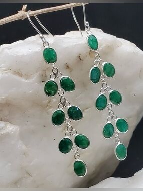 Raw Emerald 925 Sterling Silver Chandelier Earrings